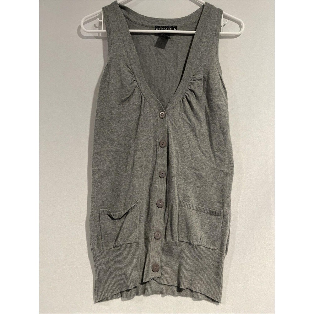 Rampage Vintage Y2K longline Sleeveless Sweater Cardigan Vest Tank Grey Preppy M